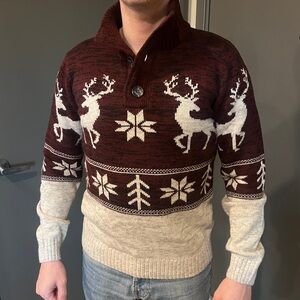 Elegant Winter Sweater with Reindeer Design - Burgundy and Beige